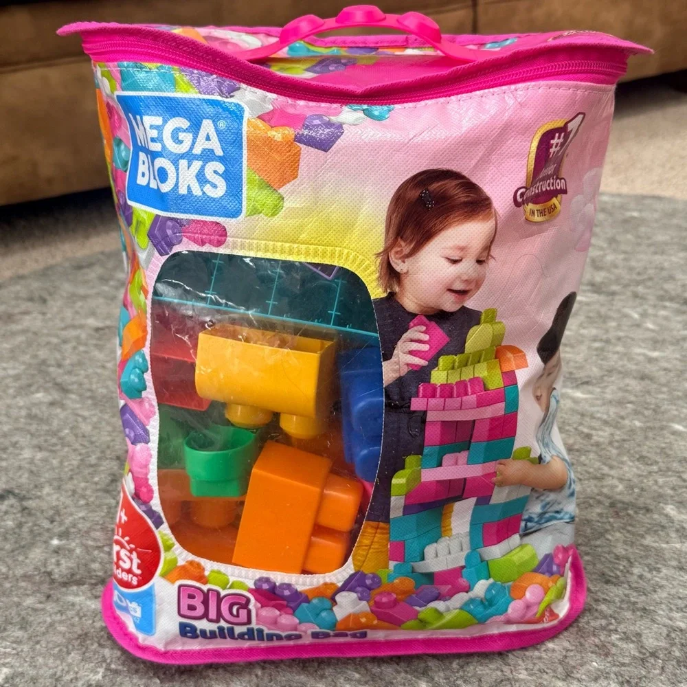 Mega Bloks Big Building Bag 80 Pc Pink Blocks w Storage Bag Complete